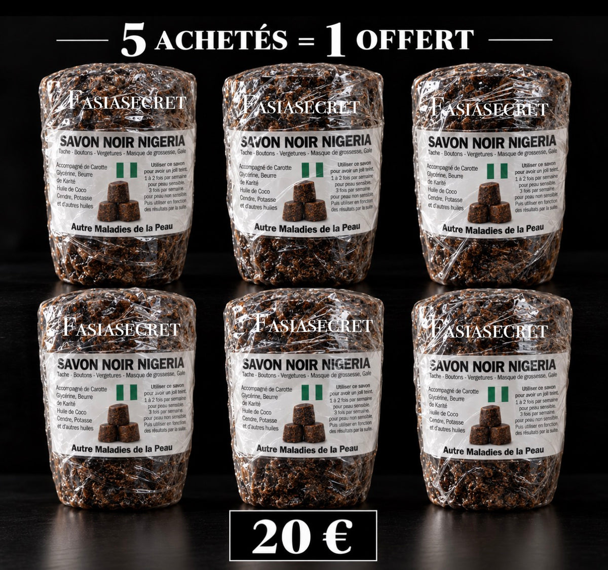 SAVON NOIR DU NIGERIA PUR TRAITANT (5 SAVON ACHETER = 1 SAVON OFFERT, 6 POUR 20 EUROS)