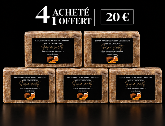 PACK GLOW ANTI-TACHES - 4
Savon Noir du Nigeria avec Curcuma & Miel = 20€ LE 5 ÈME OFFERT